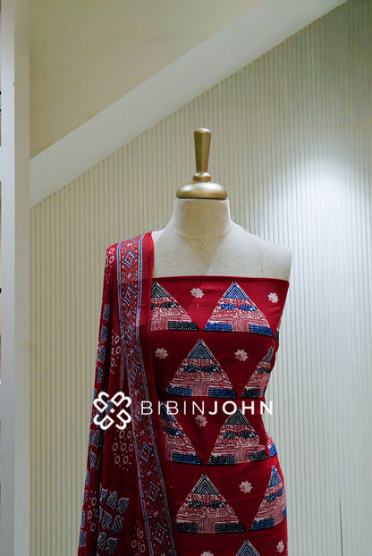 Printed Cotton Unstitched Salwar Suit Material Red BJ1326