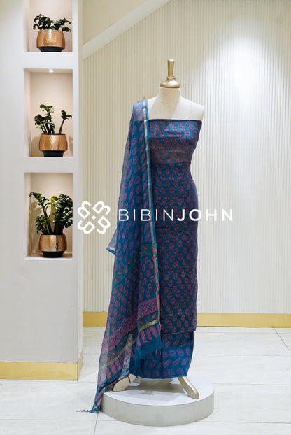Printed Cotta Unstitched Salwar Suit Material Deep Teal Blue BJ1332