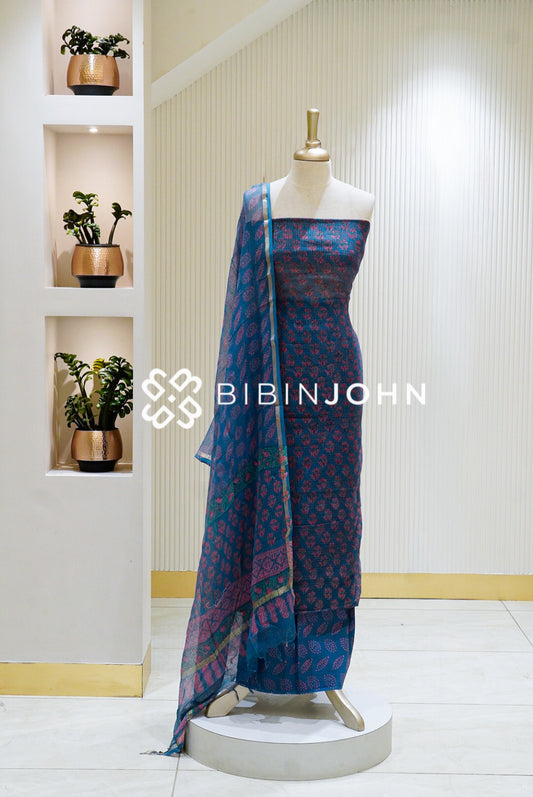 Printed Cotta Unstitched Salwar Suit Material Deep Teal Blue BJ1332