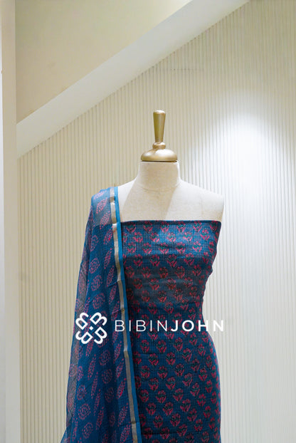 Printed Cotta Unstitched Salwar Suit Material Deep Teal Blue BJ1332