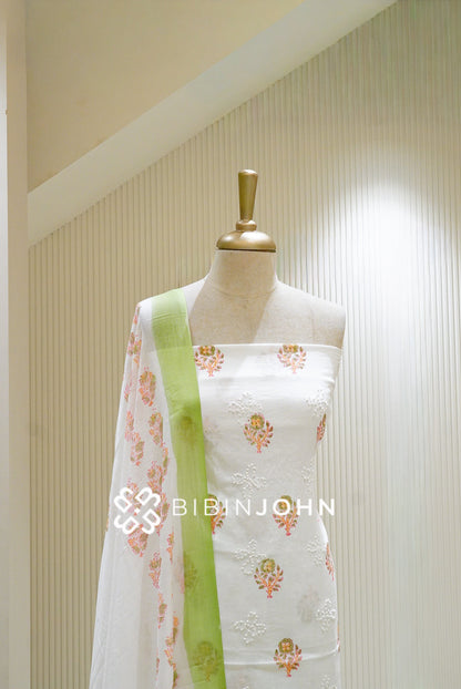 Cotton Embroidery Unstitched Salwar Suit Material White BJ1334