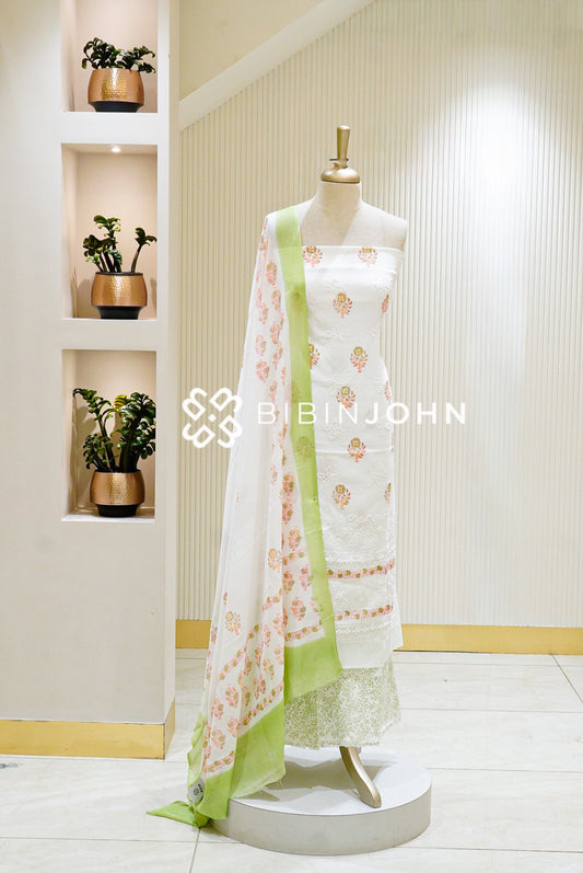 Cotton Embroidery Unstitched Salwar Suit Material White BJ1334