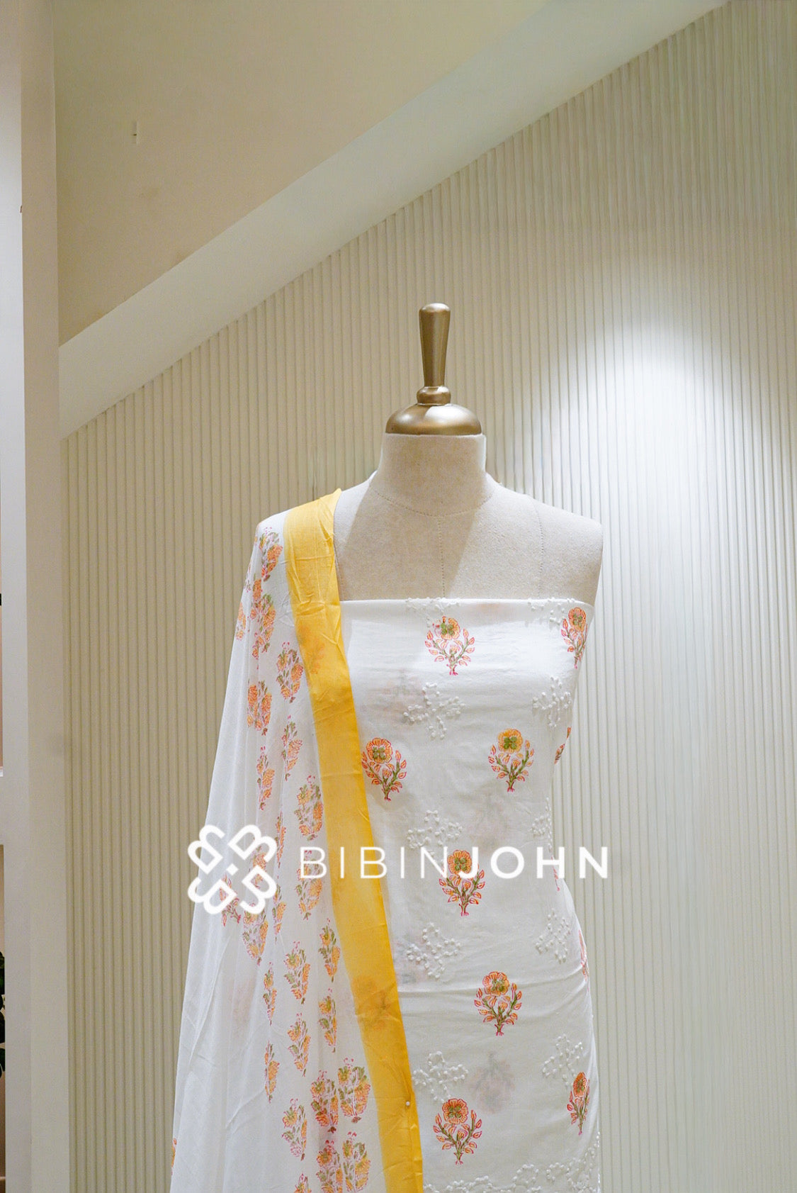 Cotton Embroidery Unstitched Salwar Suit Material White With Yellow BJ1335