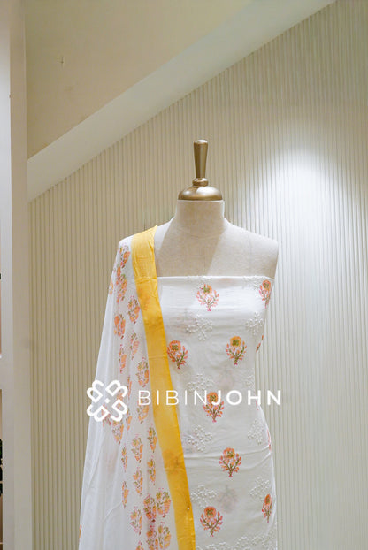 Cotton Embroidery Unstitched Salwar Suit Material White With Yellow BJ1335
