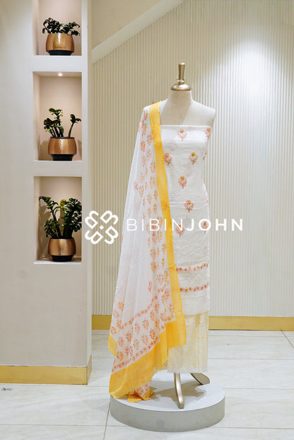 Cotton Embroidery Unstitched Salwar Suit Material White With Yellow BJ1335