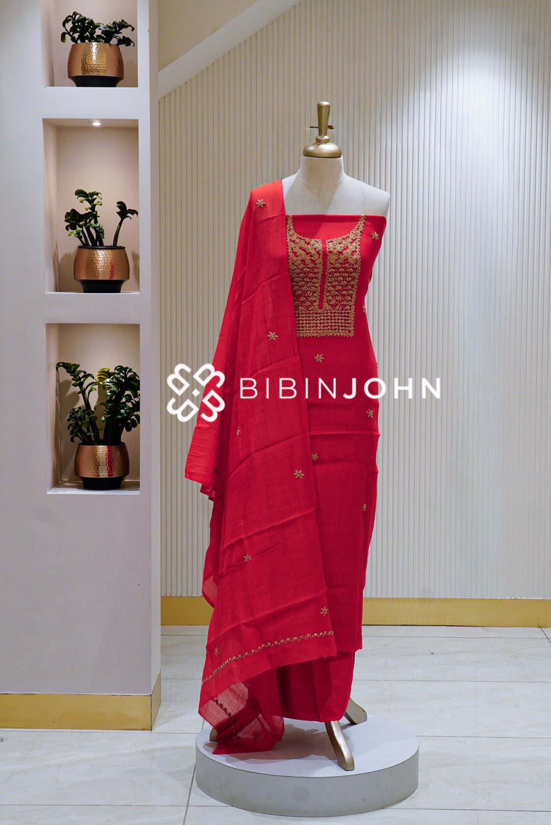 Chanderi Embroidery Unstitched Salwar Suit Material Deep Red BJ1336