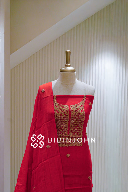 Chanderi Embroidery Unstitched Salwar Suit Material Deep Red BJ1336