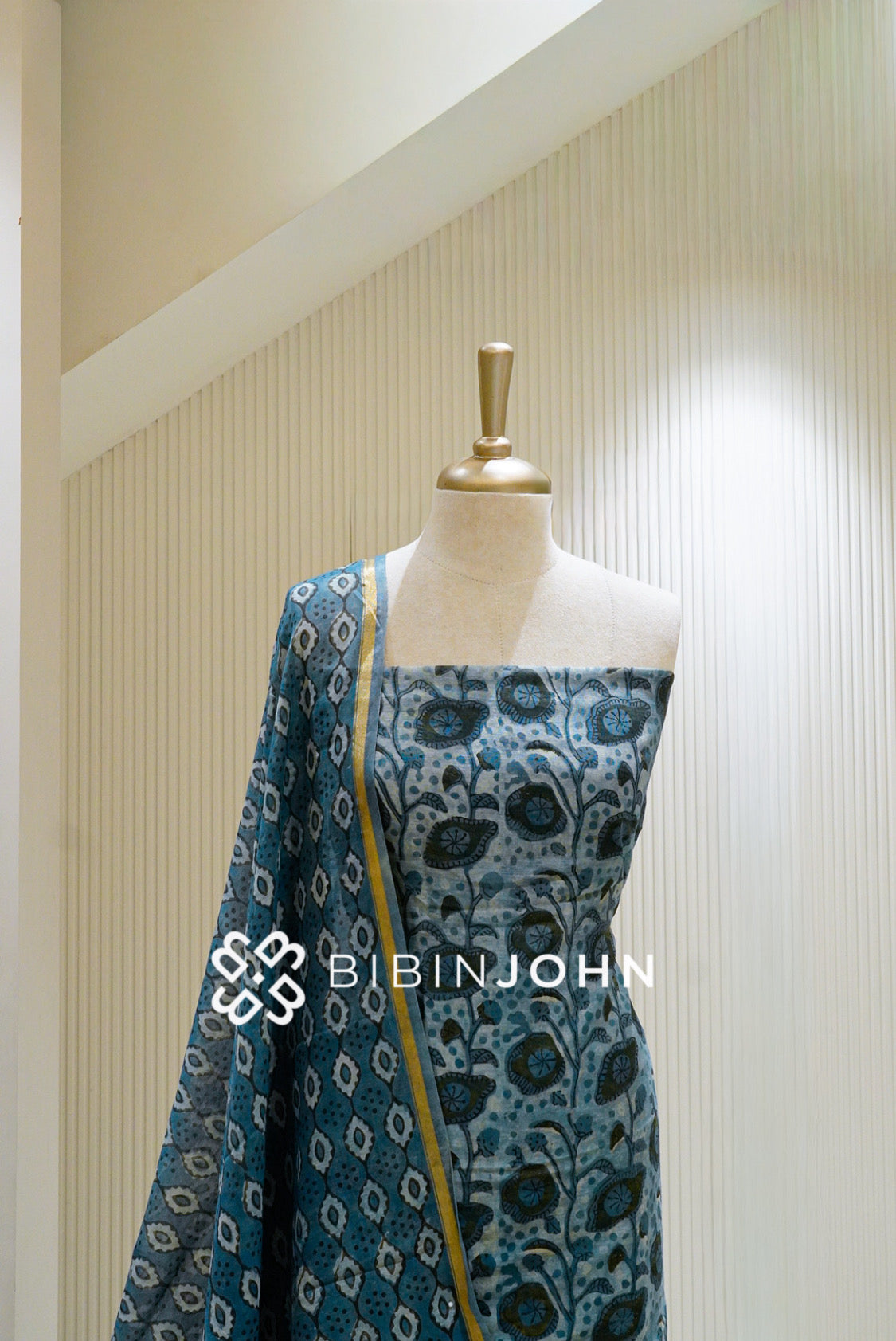 Printed Chanderi Unstitched Salwar Suit Material Blue Grey BJ1341