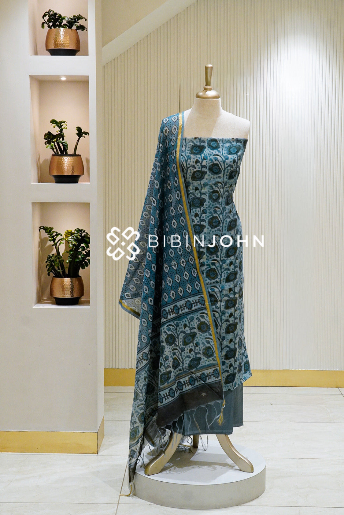 Printed Chanderi Unstitched Salwar Suit Material Blue Grey BJ1341