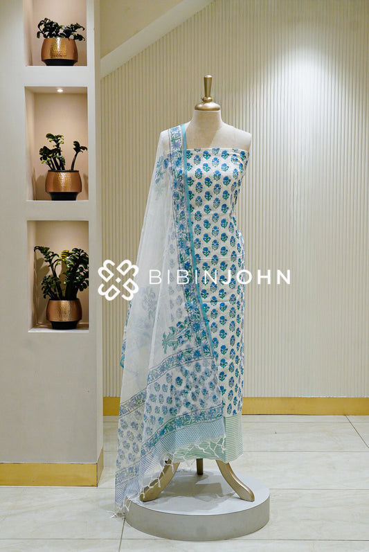 Printed Cotton Unstitched Salwar Suit Material White With Turquoise Blue BJ1350