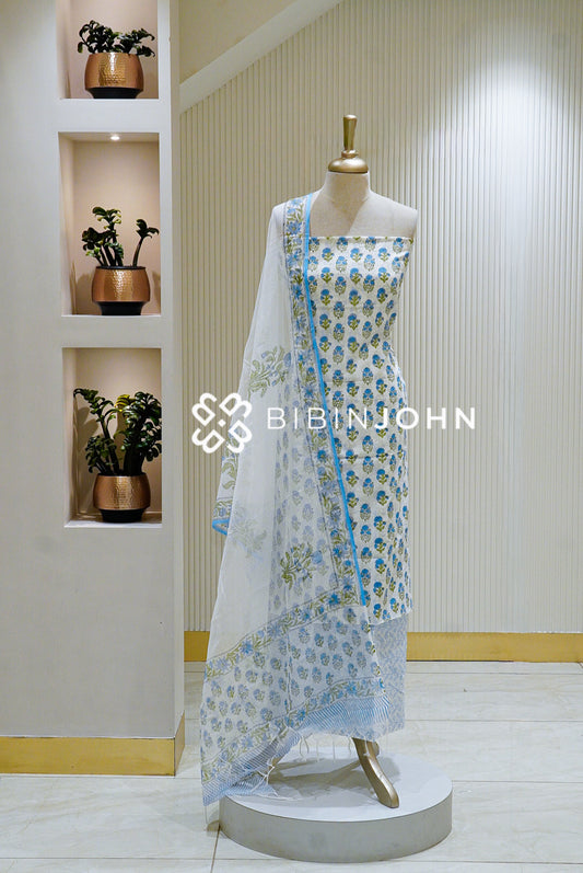 Printed Cotton Unstitched Salwar Suit Material White with Sky Blue BJ1351