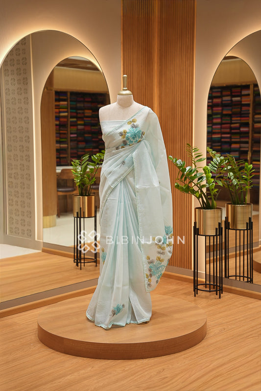 Cotta Embroidery Saree For Women Ice Blue BJ1373