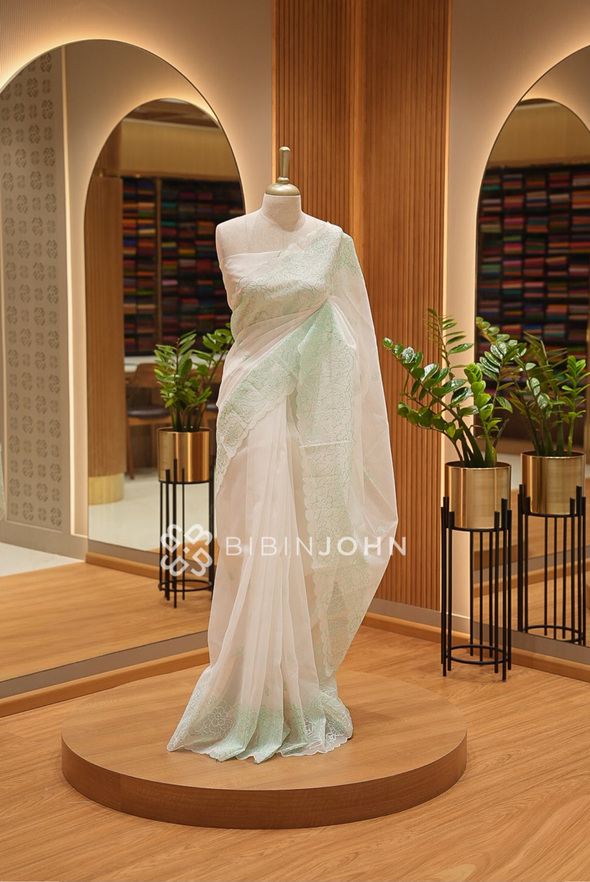 Organza Embroidery Saree For Women Ivory White with Mint Green BJ1375