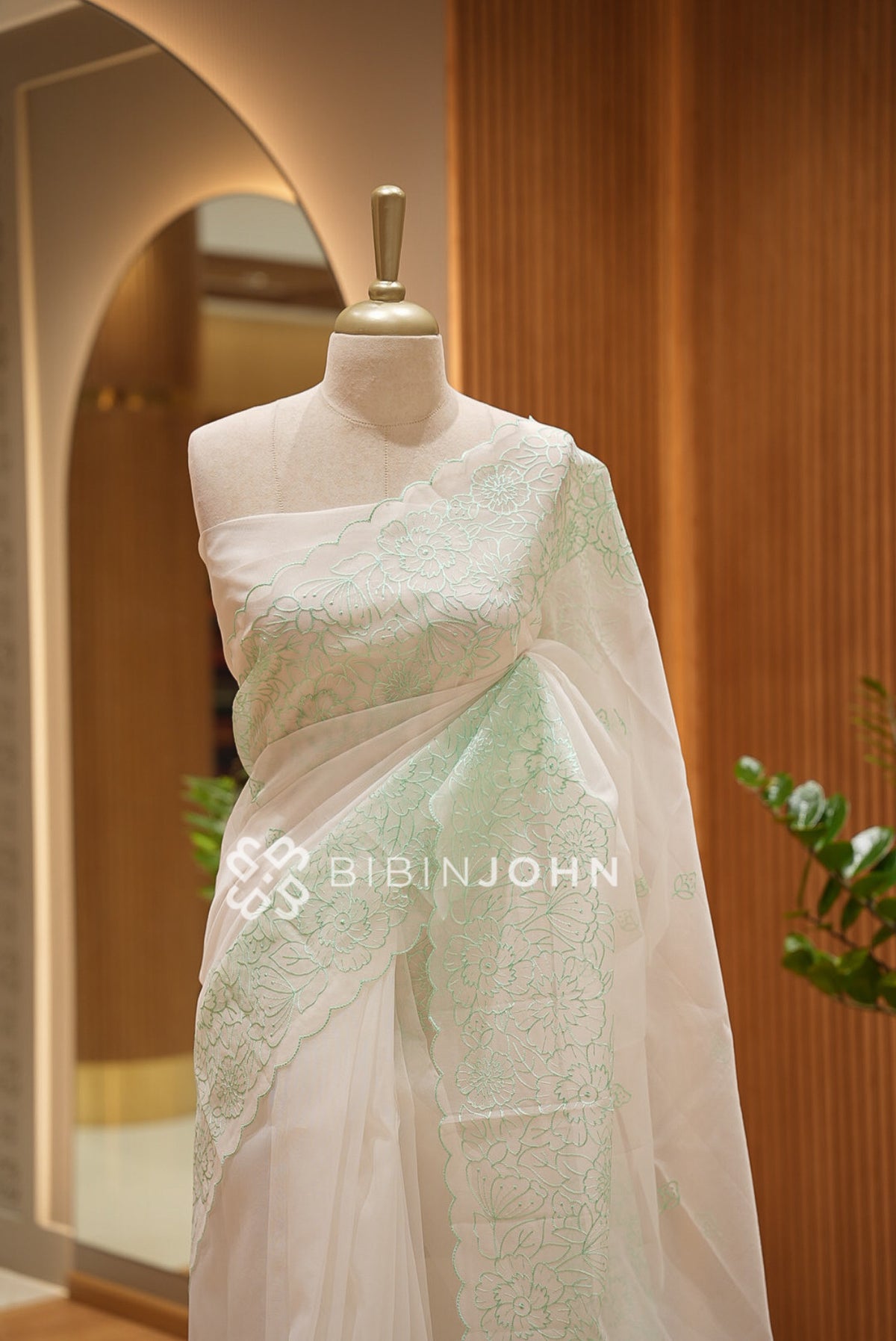 Organza Embroidery Saree For Women Ivory White with Mint Green BJ1375