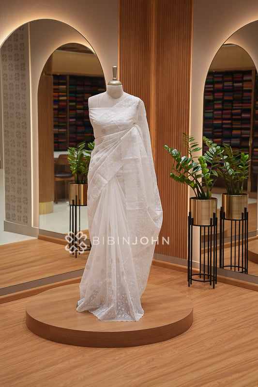 Cotta Embroidery Saree For Women White BJ1403