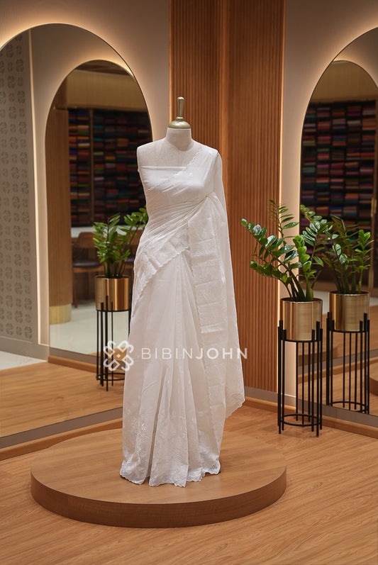 Chanderi Embroidery Saree For Women White BJ1407