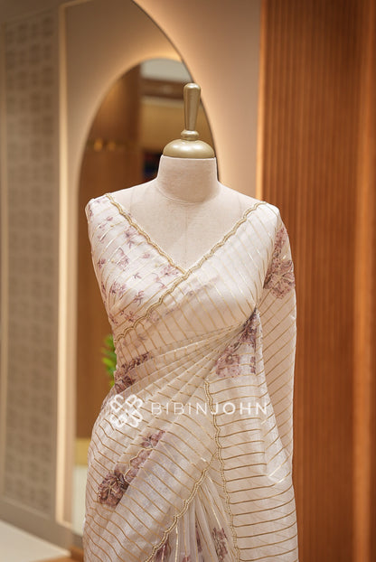 Tissue Organza Saree For Women Ivory Grey  CLOSE VIEW