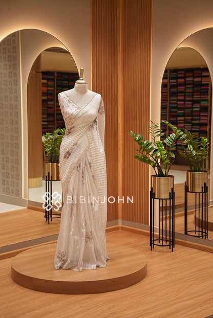 Tissue Organza Saree For Women Ivory Grey 