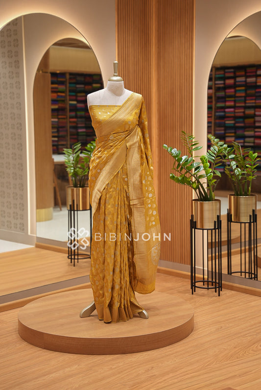 Silk Brocade Saree For Women Mustard Yellow BJ1429