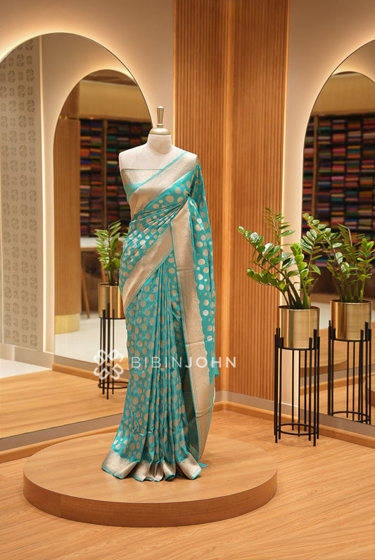 Silk Brocade Saree For Women Turquoise Blue BJ1437