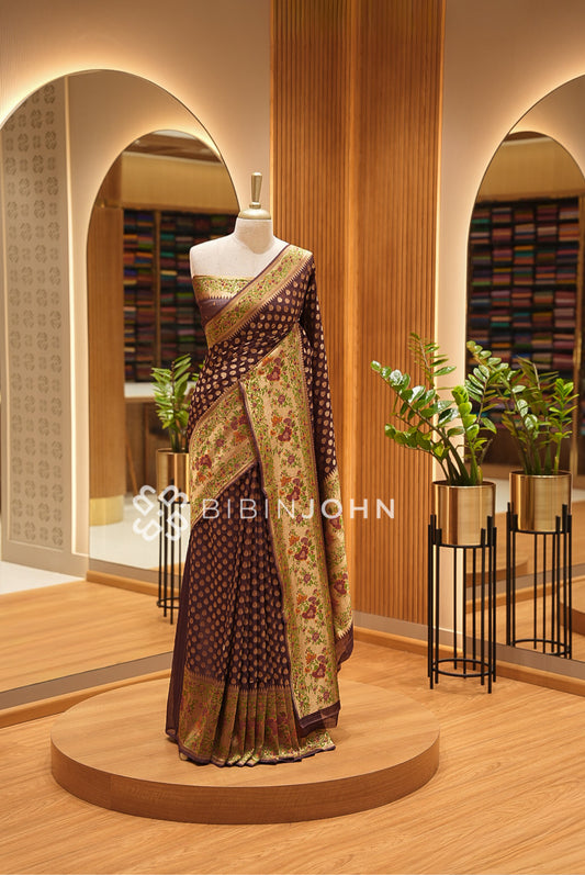 Georgette Brocade Saree For Women Deep Wine Brown BJ1438