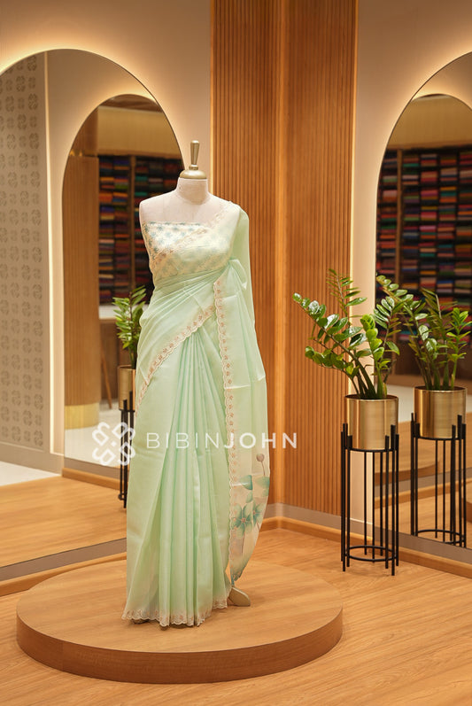 Cotta Embroidery Saree For Women Pastel Mint Green BJ1441
