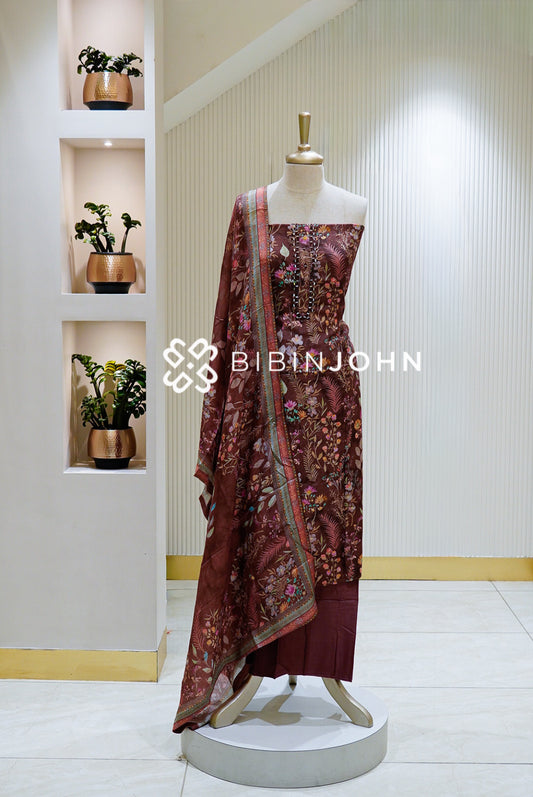 Printed Muslin Silk Unstitched Salwar Suit Material Maroon Brown with Pink BJ1453