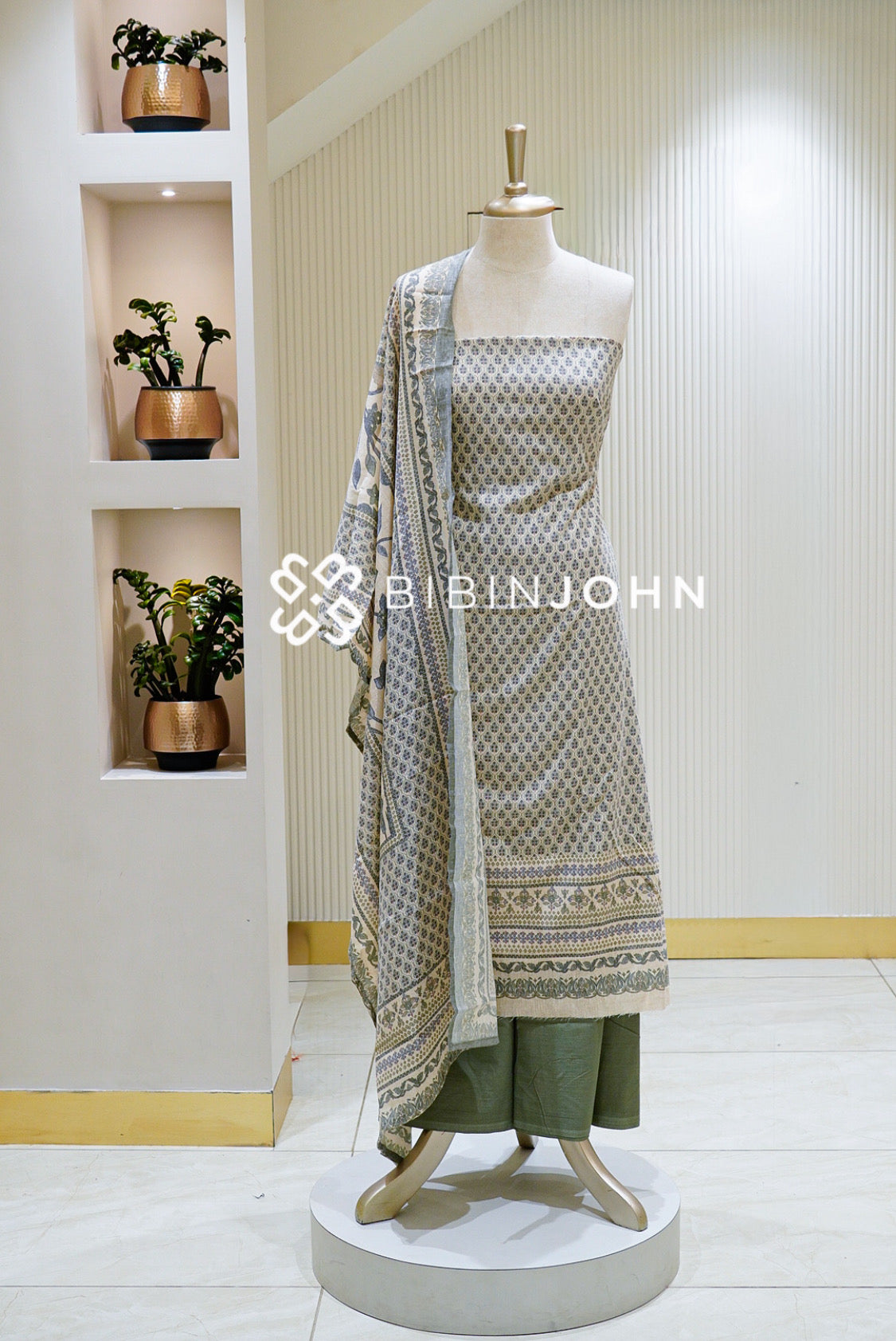 Printed Cotton Unstitched Salwar Suit Material Ivory with Grey Blue BJ1454