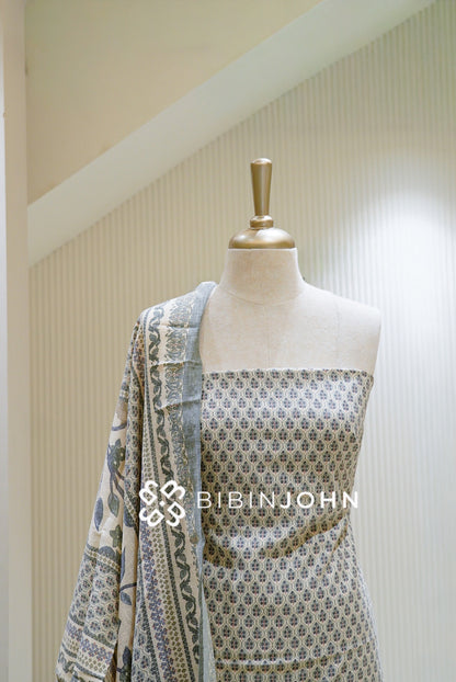 Printed Cotton Unstitched Salwar Suit Material Ivory with Grey Blue BJ1454