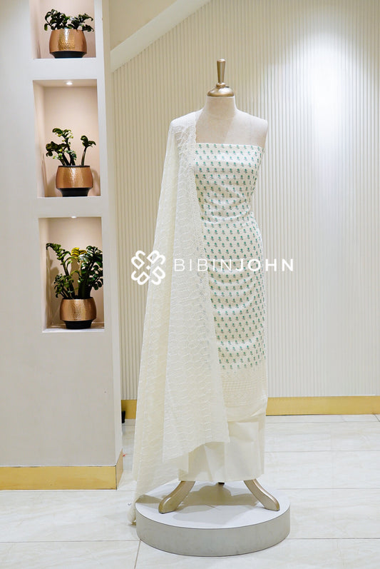 Printed Cotton Unstitched Salwar Suit Material Ivory White With Mint Green BJ1456