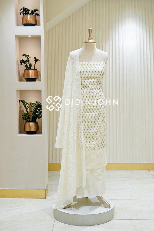 Printed Cotton Unstitched Salwar Suit Material Ivory White With Olive Green BJ1457
