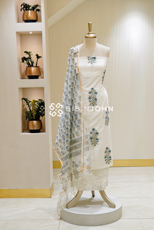 Printed Cotton Unstitched Salwar Suit Material Ivory White with Teal Blue BJ1458