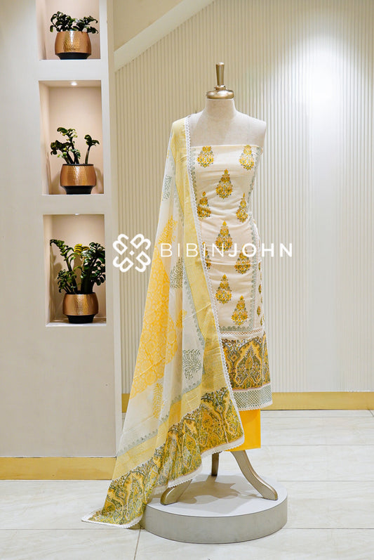Printed Cotton Unstitched Salwar Suit Material Ivory With Mustard Yellow BJ1459