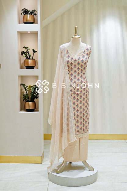 Semi Stitched Chanderi Embroidery Salwar Suit Material Ivory with Coral Pink BJ1461
