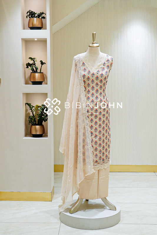 Semi Stitched Chanderi Embroidery Salwar Suit Material Ivory with Coral Pink BJ1461