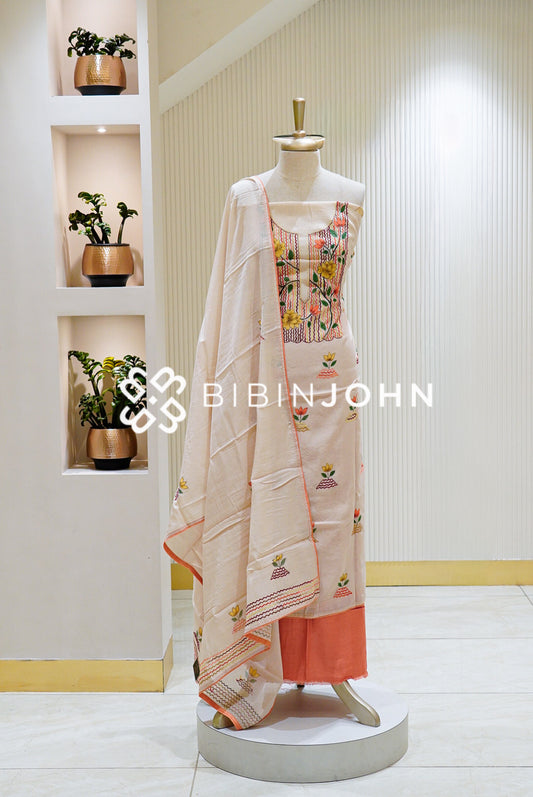 Silk Embroidery Unstitched Salwar Suit Material Ivory Peach BJ1470