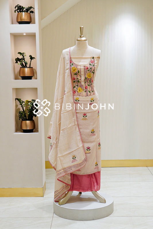 Silk Embroidery Unstitched Salwar Suit Material  Ivory BJ1471