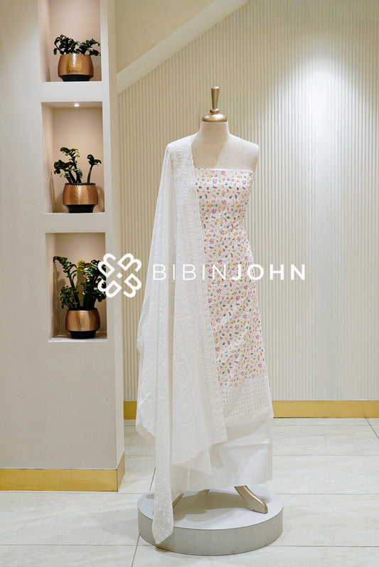 Cotton Embroidery Unstitched Salwar Suit Material White with Pink BJ1473