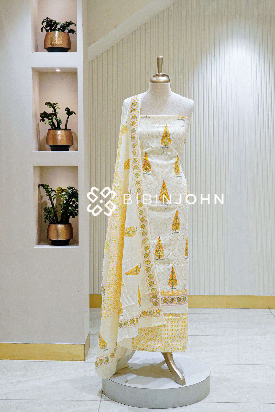 Printed Cotton Unstitched Salwar Suit Material Ivory With Mustard Yellow BJ1475