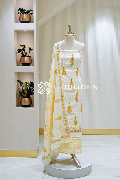 Printed Cotton Unstitched Salwar Suit Material Ivory With Mustard Yellow BJ1475