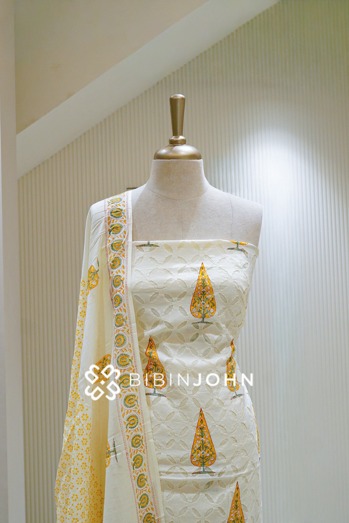 Printed Cotton Unstitched Salwar Suit Material Ivory With Mustard Yellow BJ1475