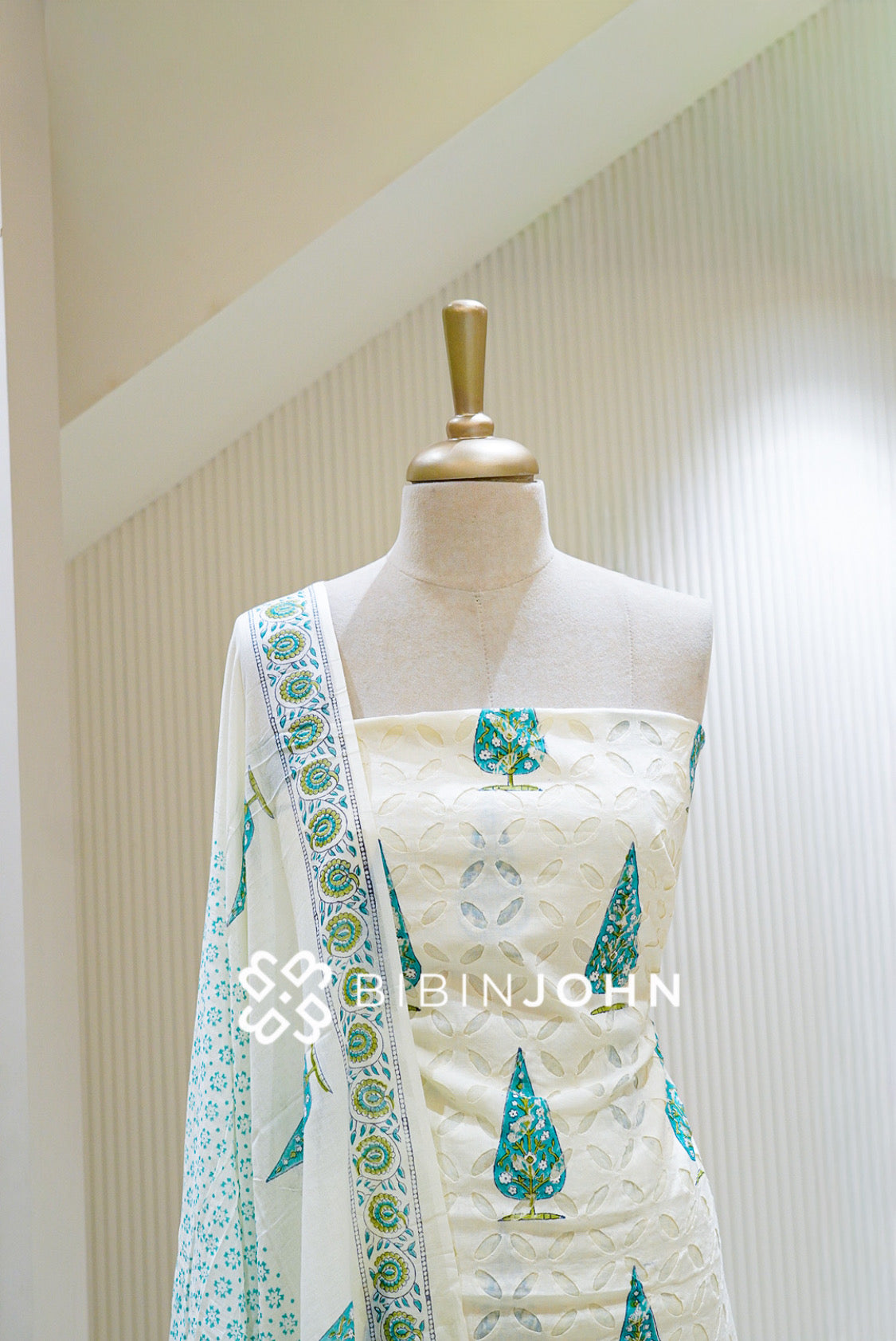 Printed Cotton Unstitched Salwar Suit Material Ivory With Teal Blue BJ1476