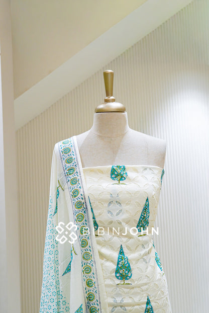 Printed Cotton Unstitched Salwar Suit Material Ivory With Teal Blue BJ1476