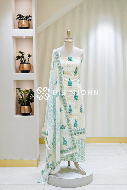 Printed Cotton Unstitched Salwar Suit Material Ivory With Teal Blue BJ1476