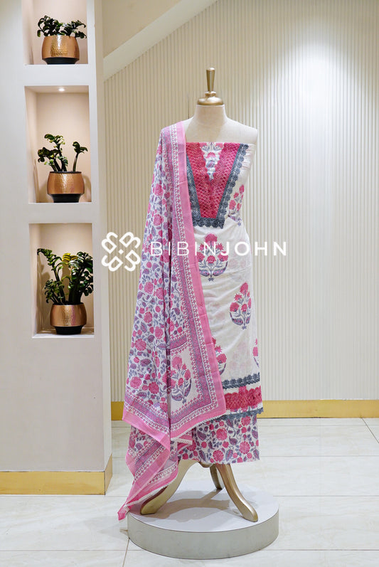 Cotton Embroidery Unstitched Salwar Suit Material White BJ1477