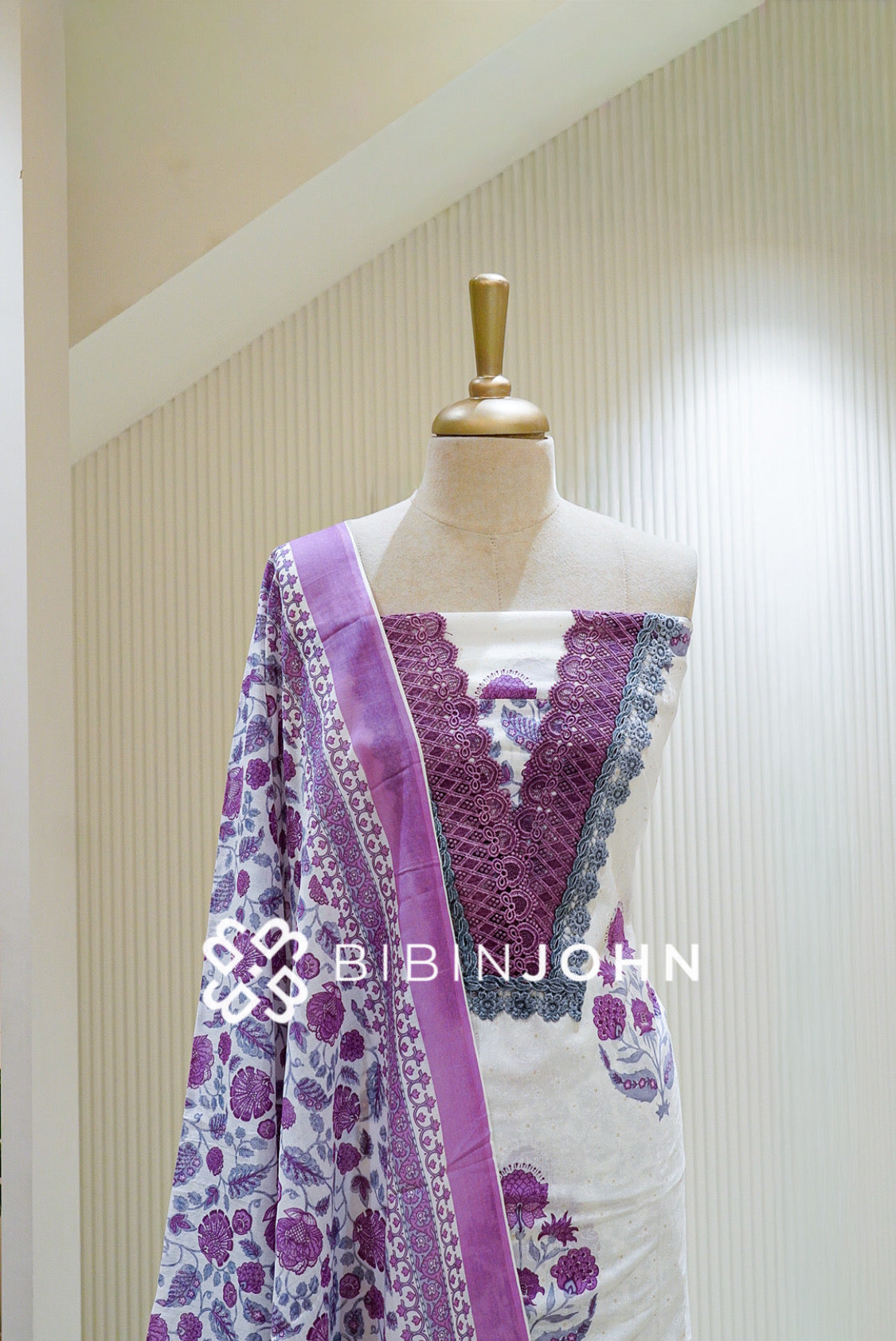 Cotton Embroidery Unstitched Salwar Suit Material White with Purple and Grey BJ1478