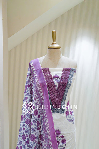 Cotton Embroidery Unstitched Salwar Suit Material White with Purple and Grey BJ1478