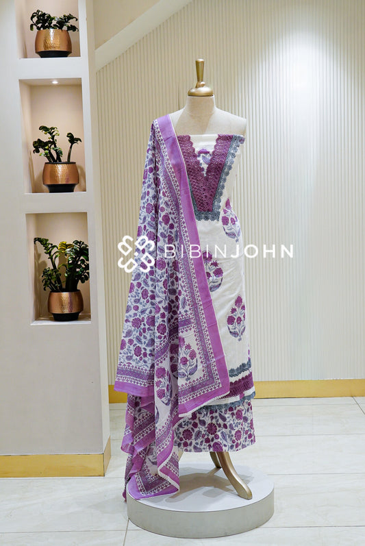 Cotton Embroidery Unstitched Salwar Suit Material White with Purple and Grey BJ1478