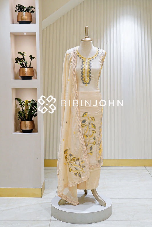 Semi Stitched Chanderi Embroidery Salwar Suit Material Ivory Cream with Mustard Yellow BJ1485