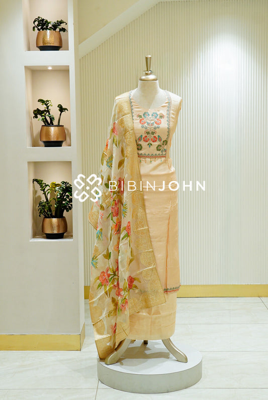 Semi Stitched Muslin Silk Embroidery Salwar Suit Material Champagne Cream BJ1489